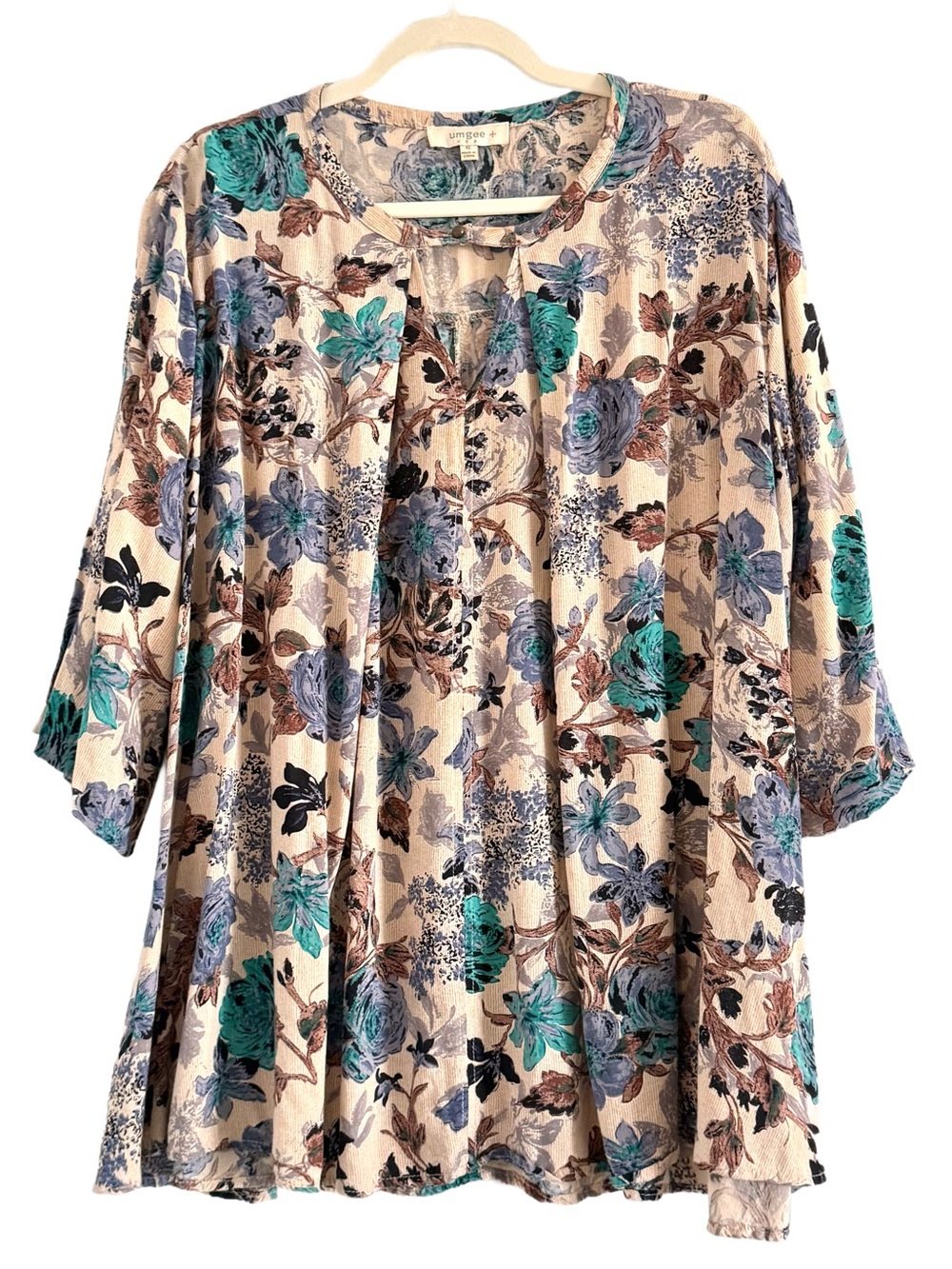 Umgee Cream Floral Tunic with Teal, Blue and Brown Bloom Print